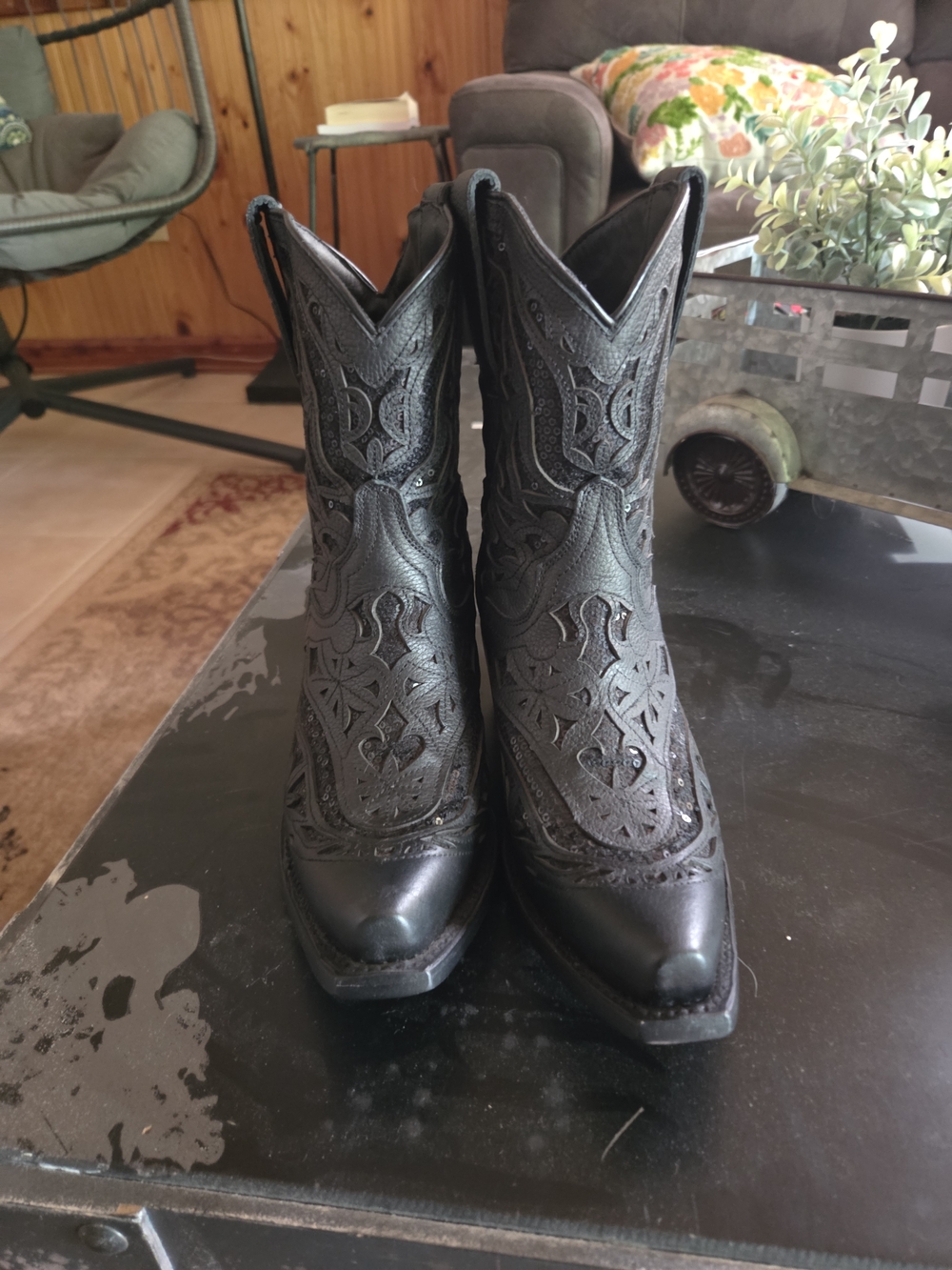 J.B. Dillon Poppy women's black leather western boots featuring intricate black